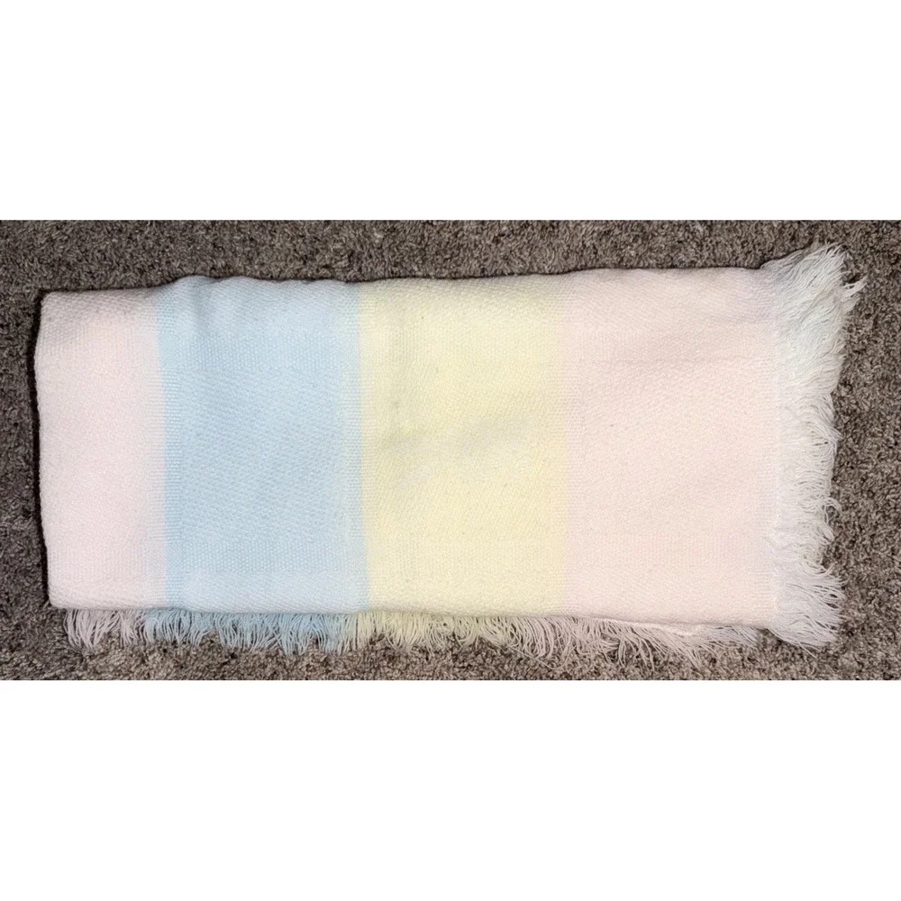 VTG All Mine Bunny Knit Baby Blanket Acrylic‎ Pastel Pink Blue Yellow Japan Made